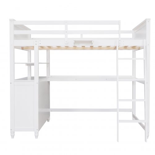 Wooden Full Size Loft Bed With Drawers, Desk and Shelves