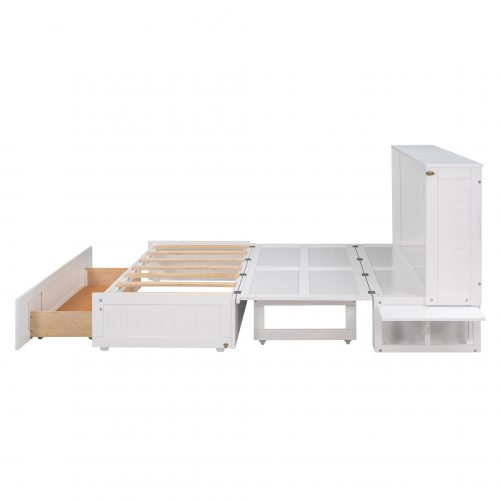 Queen Size Mobile Murphy Bed With Drawer And Little Shelves On Each Side