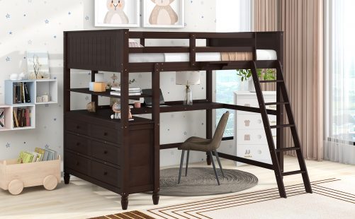 Wooden Full Size Loft Bed With Shelves, Drawers And Desk