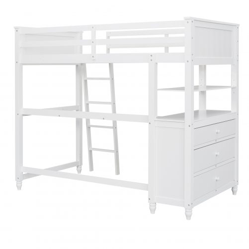 Wooden Twin Size Loft Bed with Drawers, Desk, and Shelves