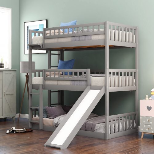 Twin Size Triple Bunk Bed With Built-in Ladder, Slide and Guardrails