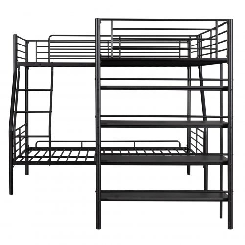L-Shaped Metal Twin over Full Bunk Bed and Twin Size Loft Bed with Four Built-in Shelves