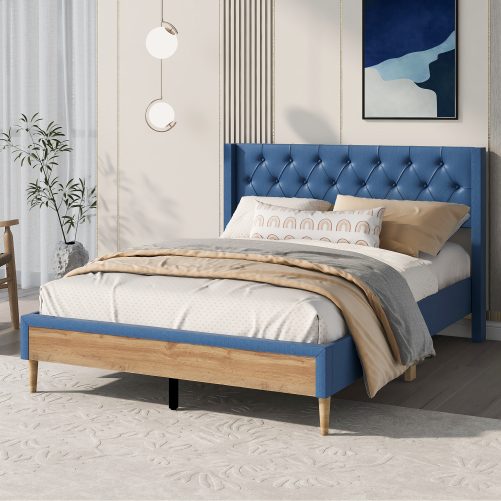 Full Size Upholstered Platform Bed With Rubber Wood Legs, No Box Spring Needed