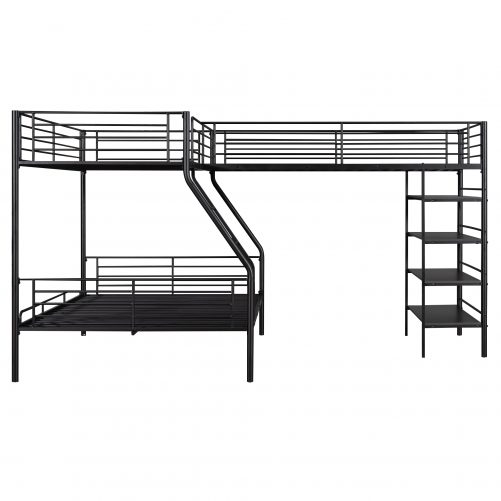 L-Shaped Metal Twin over Full Bunk Bed and Twin Size Loft Bed with Four Built-in Shelves