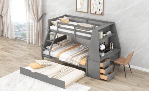 Twin over Full Bunk Bed with Trundle and Built-in Desk, Three Storage Drawers and Shelf