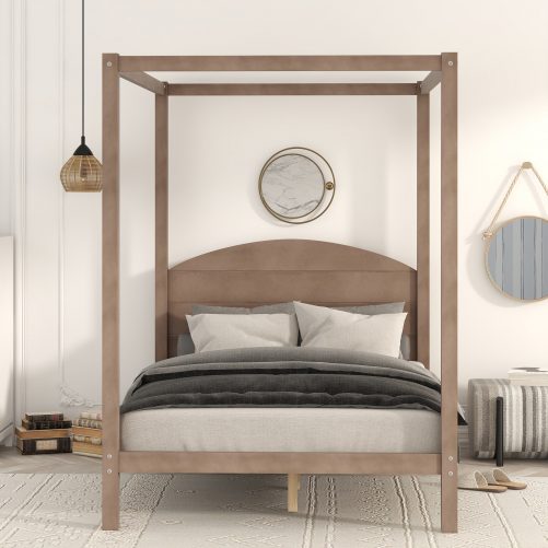 Full Size Canopy Platform Bed with Headboard and Support Leg