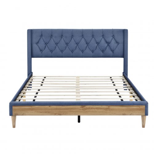 Queen Size Upholstered Platform Bed With Rubber Wood Legs, No Box Spring Needed
