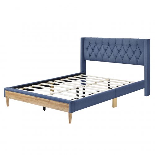 Queen Size Upholstered Platform Bed With Rubber Wood Legs, No Box Spring Needed