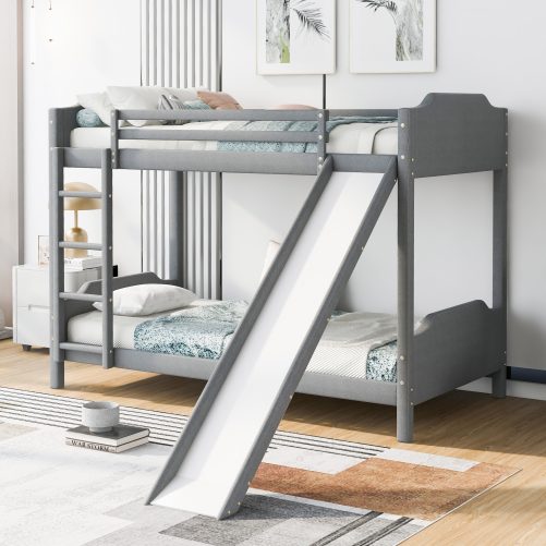 Twin over Twin Size Upholstery Bunk Bed with Convertible Slide and Ladder