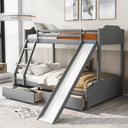 Twin over Full Size Upholstery Bunk Bed with Two Drawers and Slide