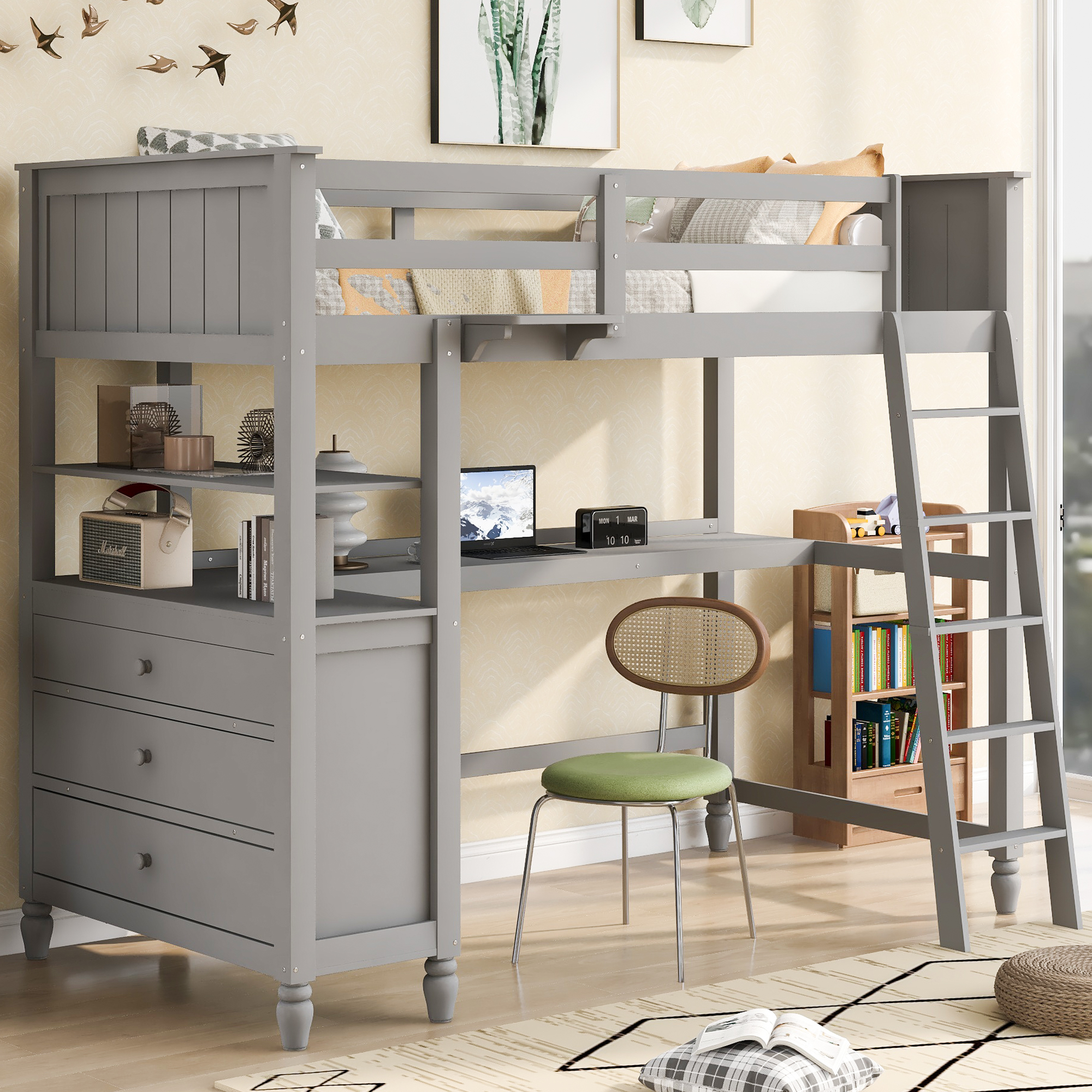 Wooden Twin Size Loft Bed with Drawers, Desk, and Shelves