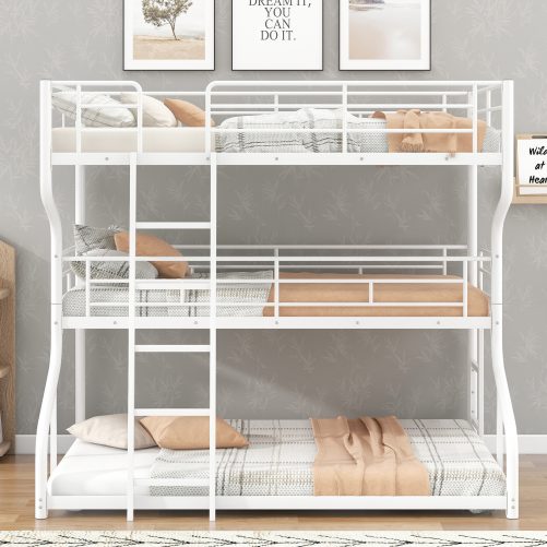 Full XL over Twin XL over Queen Size Triple Bunk Bed with Long and Short Ladder