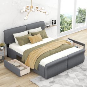 Queen Size Upholstery Platform Bed With Two Drawers