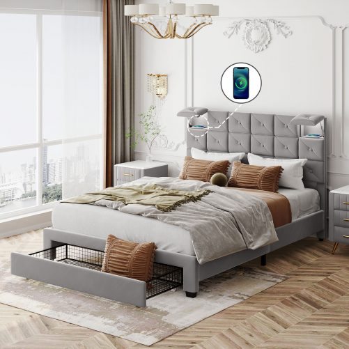 Queen Size PU Platform Bed with Wireless Chargers, Night Light And Drawer