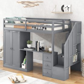 Twin Size Loft Bed With Wardrobe, Staircase, Desk And Storage Drawers And Cabinet In 1