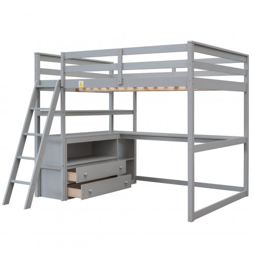 Full Size Loft Bed With Desk And Shelves, Two Built-in Drawers