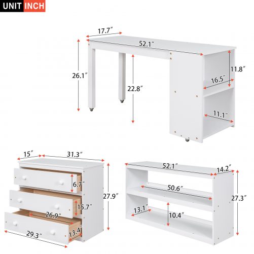 Low Study Full Loft Bed with Cabinet ,Shelves and Rolling Portable Desk