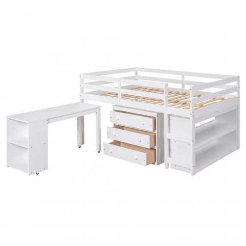 Low Study Full Loft Bed with Cabinet ,Shelves and Rolling Portable Desk