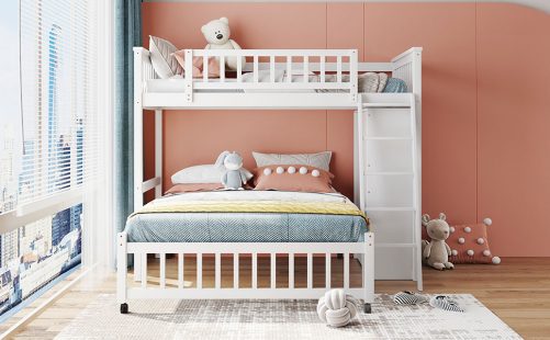 Twin Over Full Bunk Bed With Six Drawers And Flexible Shelves, Bottom Bed With Wheels