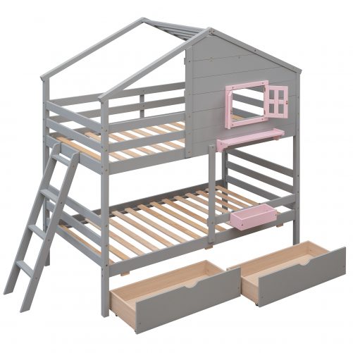 Twin Over Twin Bunk Bed With 2 Drawers, 1 Storage Box, 1 Shelf, Window And Roof