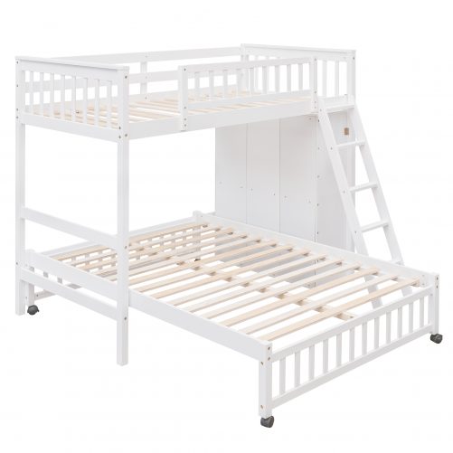 Twin Over Full Bunk Bed With Six Drawers And Flexible Shelves, Bottom Bed With Wheels