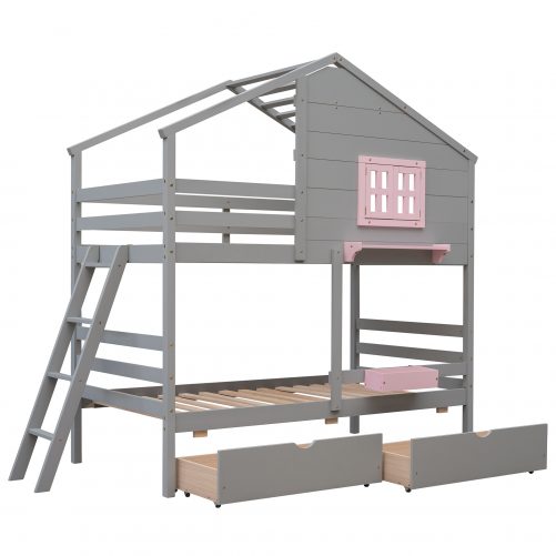 Twin Over Twin Bunk Bed With 2 Drawers, 1 Storage Box, 1 Shelf, Window And Roof