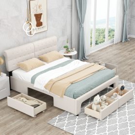 Queen Size Upholstery Platform Bed with Four Drawers