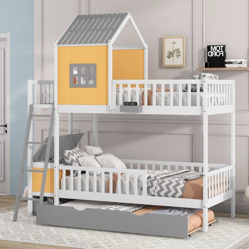Farmhouse Twin Over Twin Bunk Bed With Trundle, Storage Box And Drawer