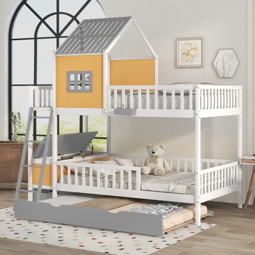 Farmhouse Full Over Full Bunk Bed With Trundle, Storage Box And Drawer