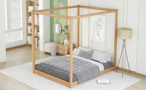Queen Size Canopy Low Bed with Support Legs