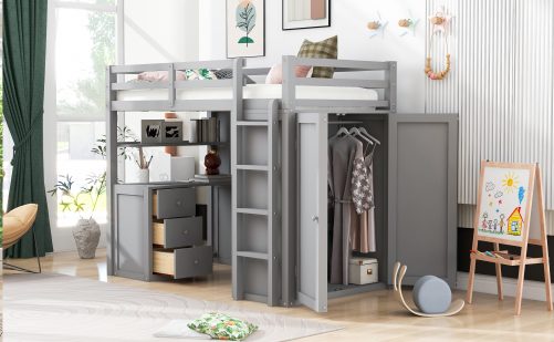 Twin Size Loft Bed With Drawers, Desk and Wardrobe