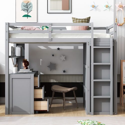 Twin Size Loft Bed With Drawers, Desk and Wardrobe