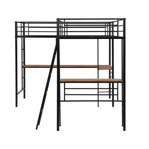 Twin Size Metal Loft Bed With Two Built-in Desks