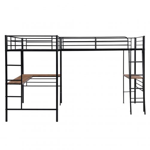Twin Size Metal Loft Bed With Two Built-in Desks