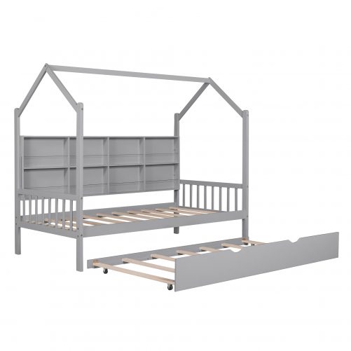 Wooden Twin Size House Bed With Trundle