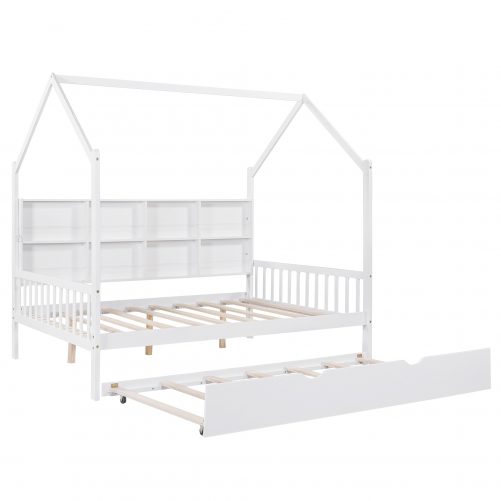 Wooden Full Size House Bed with Trundle
