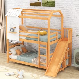 Twin Size House Bunk Bed with Staircase and Slide