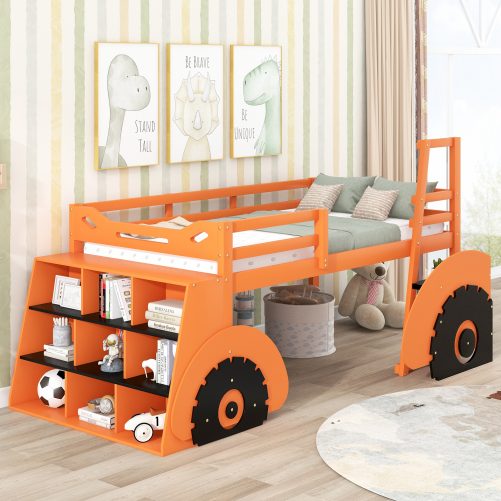 Twin Size Forklift Car-Shaped Loft Bed with Storage Shelves
