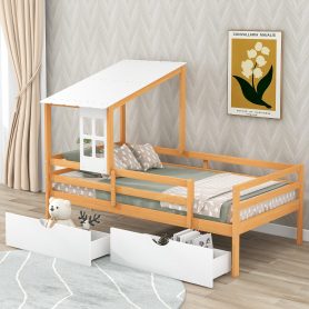 Twin Size House Low Loft Bed with Two Drawers