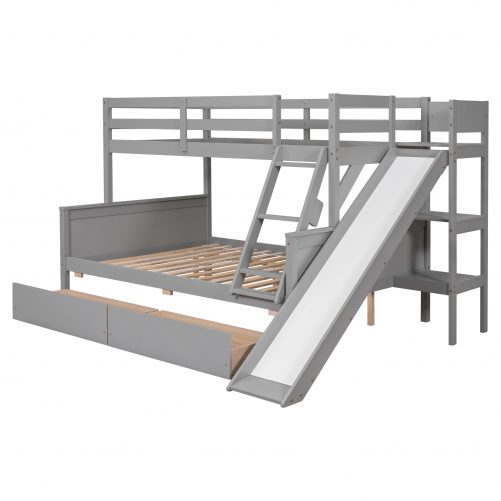 Twin Over Full Bunk Bed With 2 Drawers, Slide and Shelves