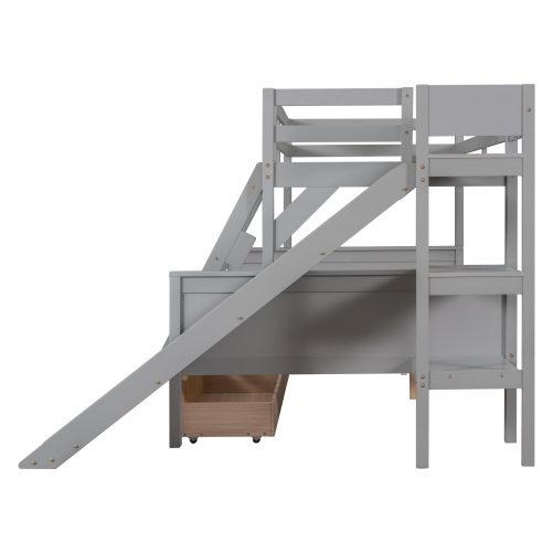 Twin Over Full Bunk Bed With 2 Drawers, Slide and Shelves