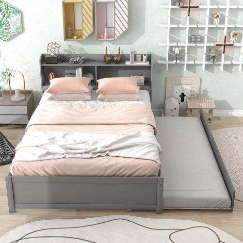 Full Size Platform Bed With Trundle and Bookcase