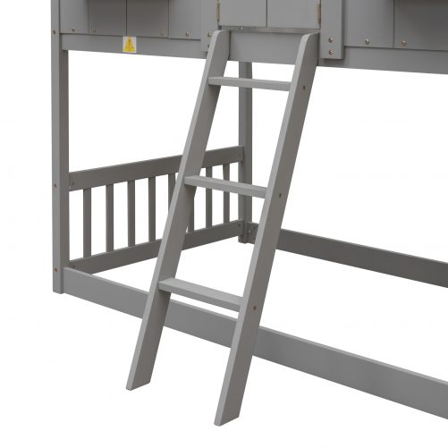 House Shape Twin Over Twin Bunk Bed With Roof, Window And Ladder