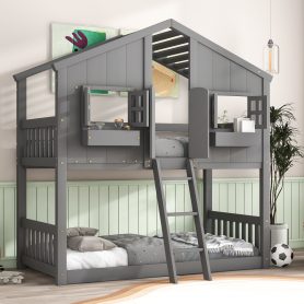 House Shape Twin Over Twin Bunk Bed With Roof, Window And Ladder