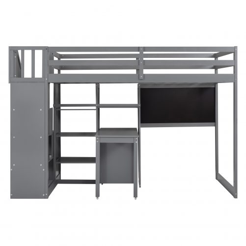 Twin Size Loft Bed with Pullable Desk and Storage Shelves,Staircase and Blackboard