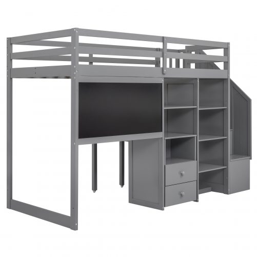 Twin Size Loft Bed with Pullable Desk and Storage Shelves,Staircase and Blackboard