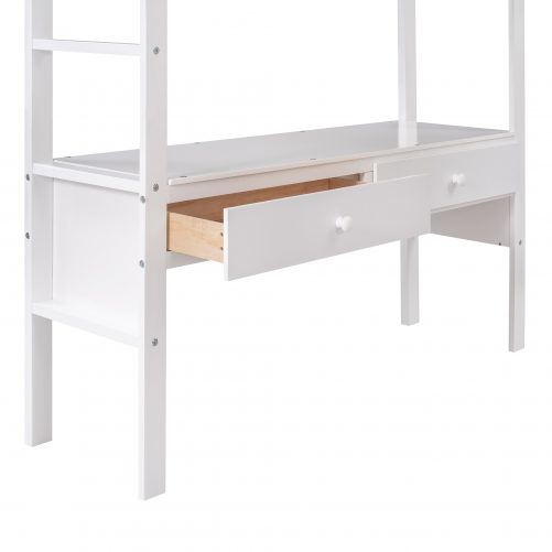 Full Size Loft Bed with Built-in Desk and Storage Shelves