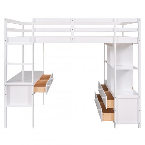 Full Size Loft Bed with Built-in Desk and Storage Shelves
