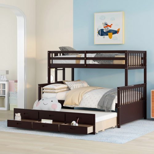 Wooden Twin over Full Bunk Bed With Twin Size Trundle and 3 Drawers
