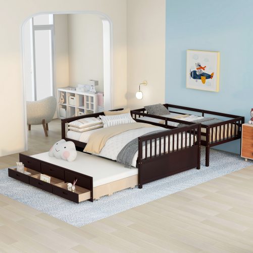 Wooden Twin over Full Bunk Bed With Twin Size Trundle and 3 Drawers